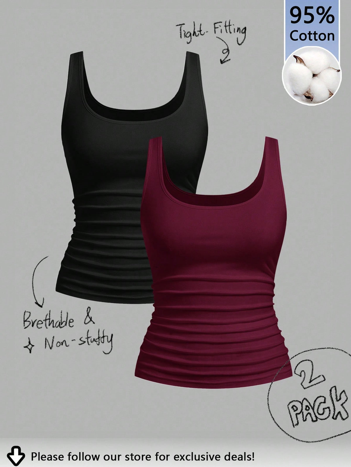 Tseoso 2pcs Black & Burgundy 95% Cotton Women's Casual Oversized Scoop Neck Fitted Tank Top Set, Suitable For Daily Wear, Versatile