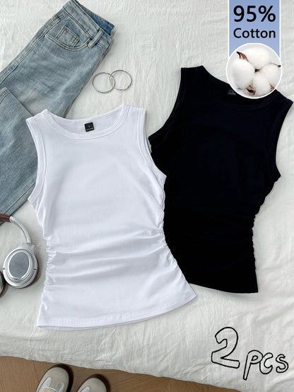 Tseoso 2pcs/Pack Women's 95% Cotton Casual Racerback Camisole Tank Tops,Black And White,Summer,Everyday Layering Essentials For Office,Work,Night Out,Parties