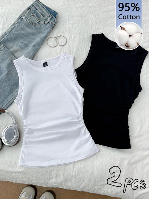 Tseoso 2pcs/Pack Women's 95% Cotton Casual Racerback Camisole Tank Tops,Black And White,Summer,Everyday Layering Essentials For Office,Work,Night Out,Parties