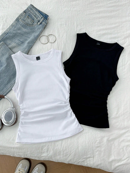 Tseoso 2pcs/Pack Women's 95% Cotton Casual Racerback Camisole Tank Tops,Black And White,Summer,Everyday Layering Essentials For Office,Work,Night Out,Parties