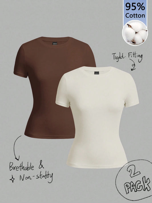 Tseoso 2pcs/Set Basic Crew Neck Short Sleeve Tees, Brown & Light Apricot, Casual & Minimalist, Suitable For Spring/Summer