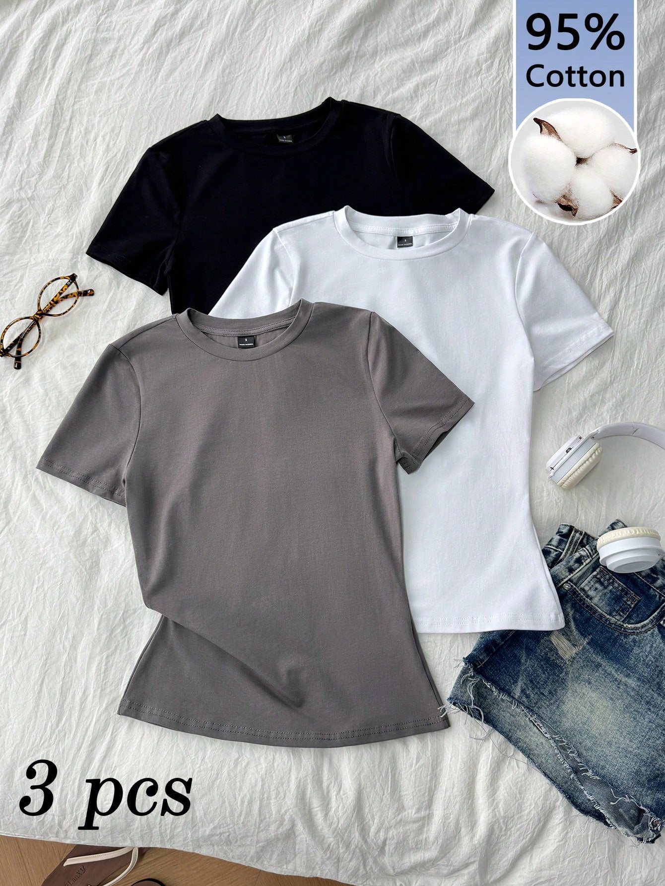 Tseoso 3pcs/Set 95% Cotton Slim-Fit Women's Crew Neck Short Sleeve T-Shirt,Black,White,Grey,Summer Casual Everyday Vintage Cute Summer Tops,Versatile Clothes
