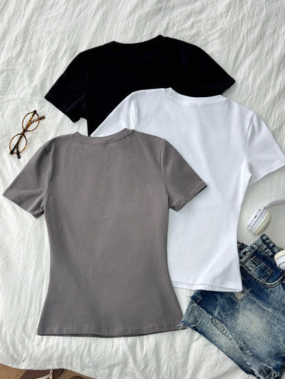 Tseoso 3pcs/Set 95% Cotton Slim-Fit Women's Crew Neck Short Sleeve T-Shirt,Black,White,Grey,Summer Casual Everyday Vintage Cute Summer Tops,Versatile Clothes