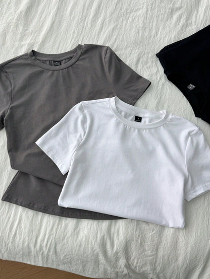 Tseoso 3pcs/Set 95% Cotton Slim-Fit Women's Crew Neck Short Sleeve T-Shirt,Black,White,Grey,Summer Casual Everyday Vintage Cute Summer Tops,Versatile Clothes