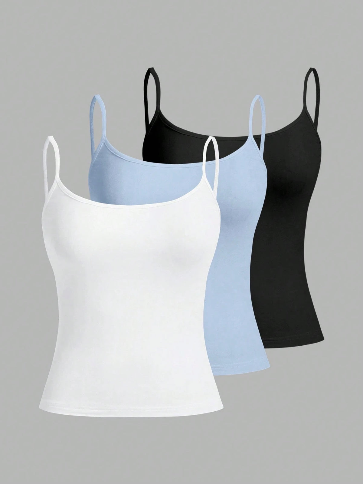 Tseoso 3pcs/Set Black, White & Blue Women's Cropped Camisole Tank Tops, Sexy & Fitted, Suitable For Summer,Summer Top