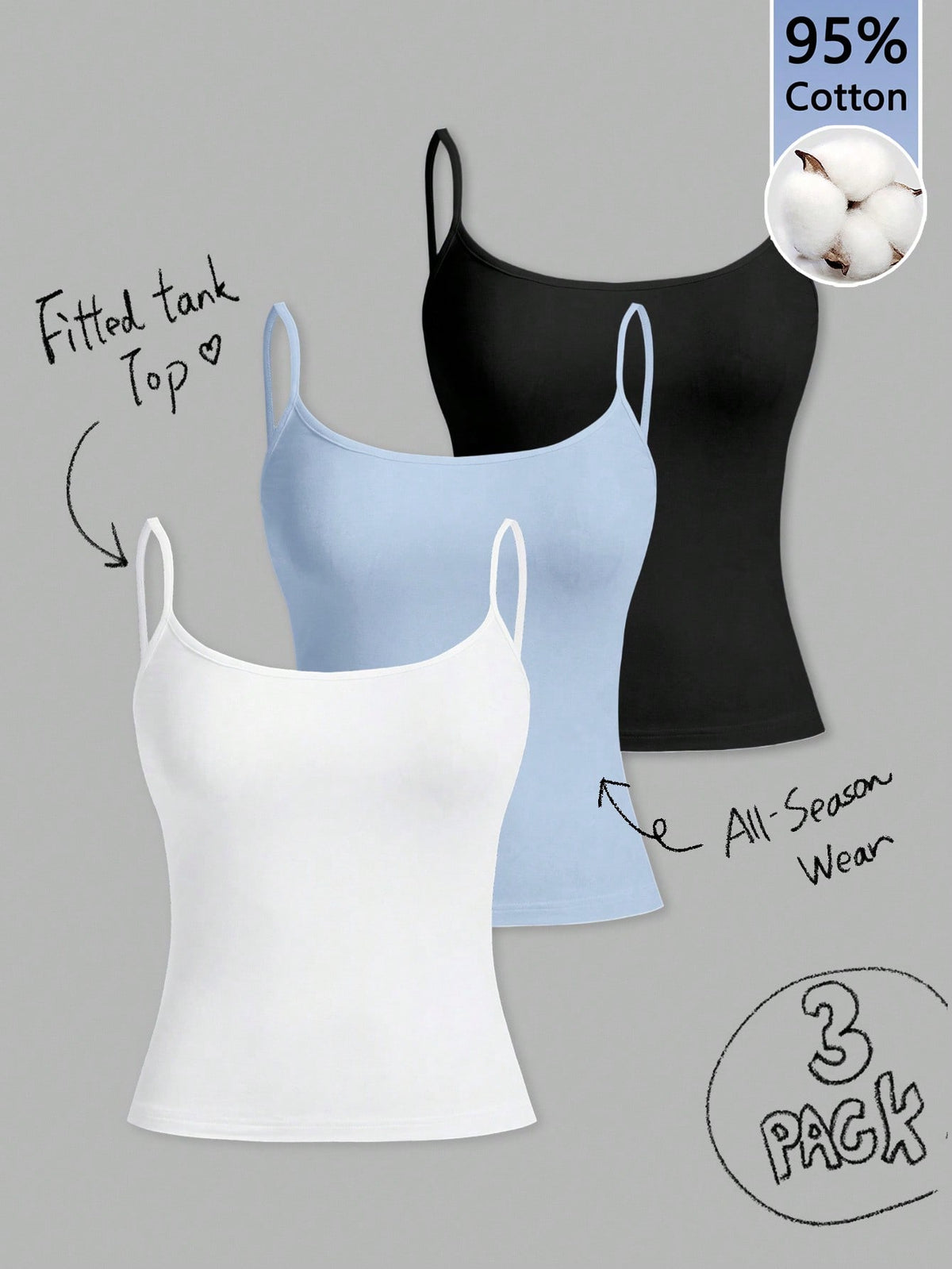 Tseoso 3pcs/Set Black, White & Blue Women's Cropped Camisole Tank Tops, Sexy & Fitted, Suitable For Summer,Summer Top