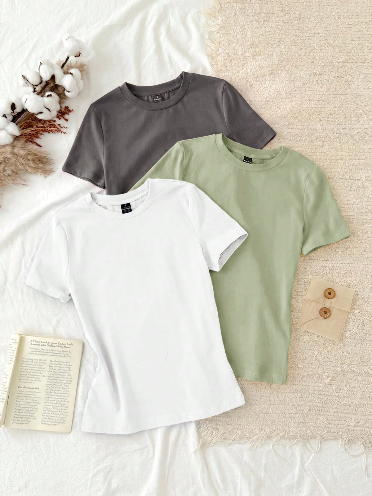 Tseoso 3pcs/Set Casual Minimalist 95% Cotton Women's Crew Neck Fitted Longline Short Sleeve T-Shirt