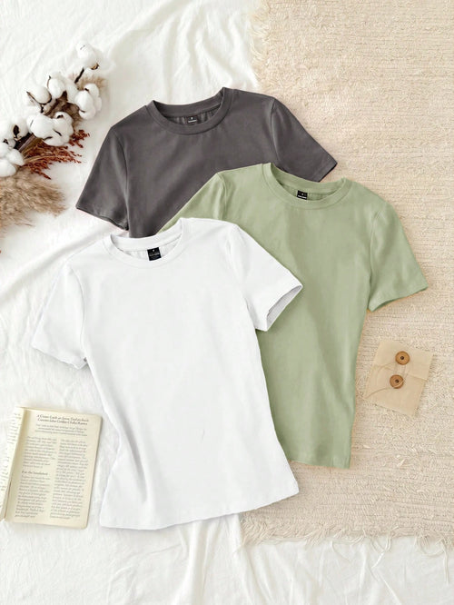 Tseoso 3pcs/Set Casual Minimalist 95% Cotton Women's Crew Neck Fitted Longline Short Sleeve T-Shirt