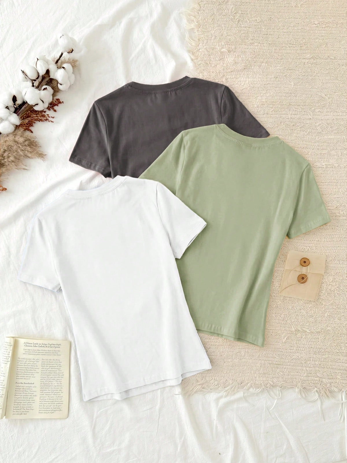 Tseoso 3pcs/Set Casual Minimalist 95% Cotton Women's Crew Neck Fitted Longline Short Sleeve T-Shirt