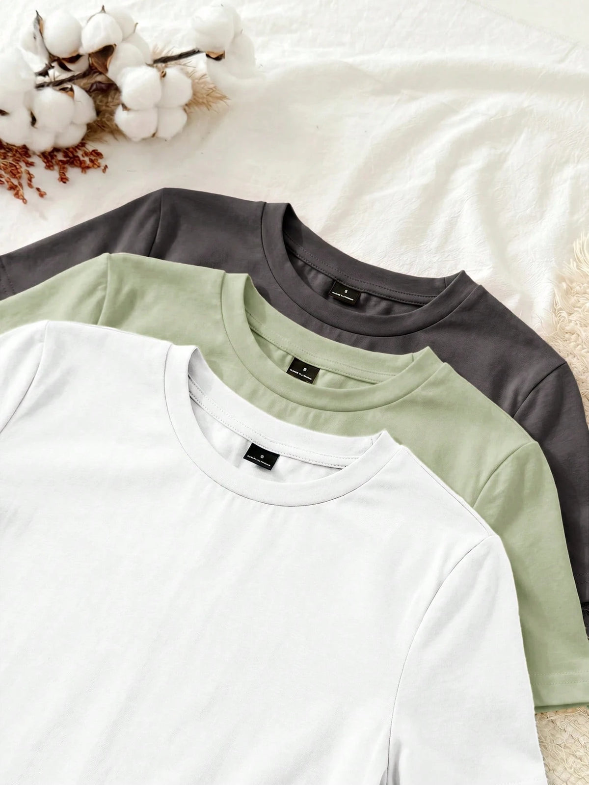 Tseoso 3pcs/Set Casual Minimalist 95% Cotton Women's Crew Neck Fitted Longline Short Sleeve T-Shirt