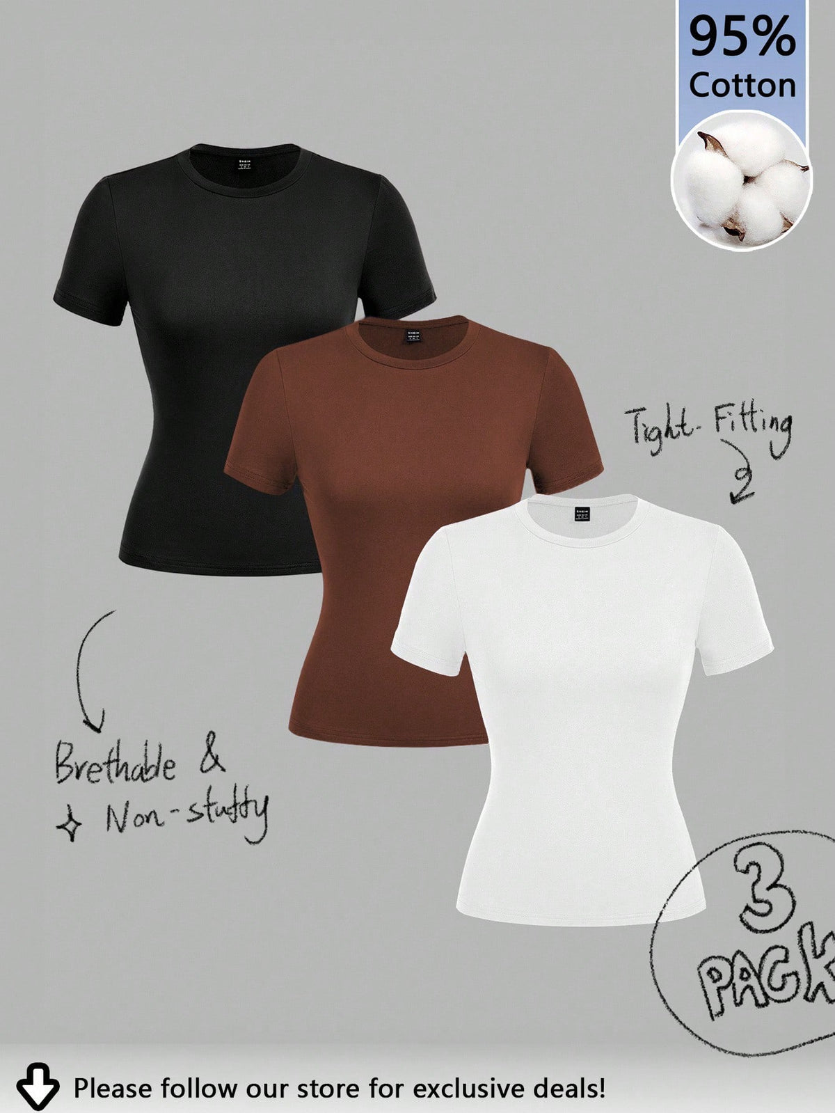 Tseoso 3pcs/Set Casual Minimalist 95% Cotton Women's Crew Neck Fitted Longline Short Sleeve T-Shirt
