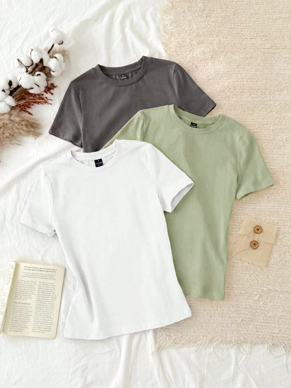Tseoso 3pcs/Set Casual Minimalist 95% Cotton Women's Crew Neck Fitted Longline Short Sleeve T-Shirt