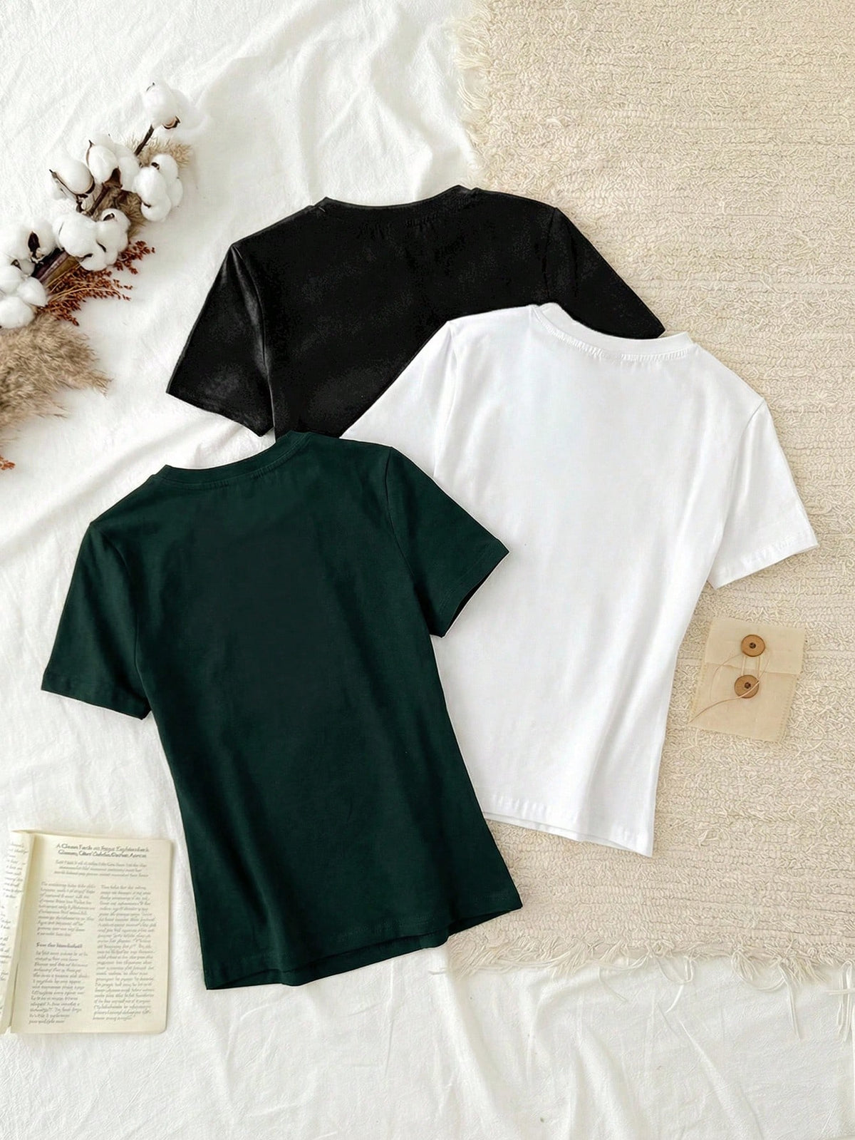 Tseoso 3pcs Set Women Casual Minimalist 95% Cotton Round Neck Fitted Long Sleeve T-Shirt