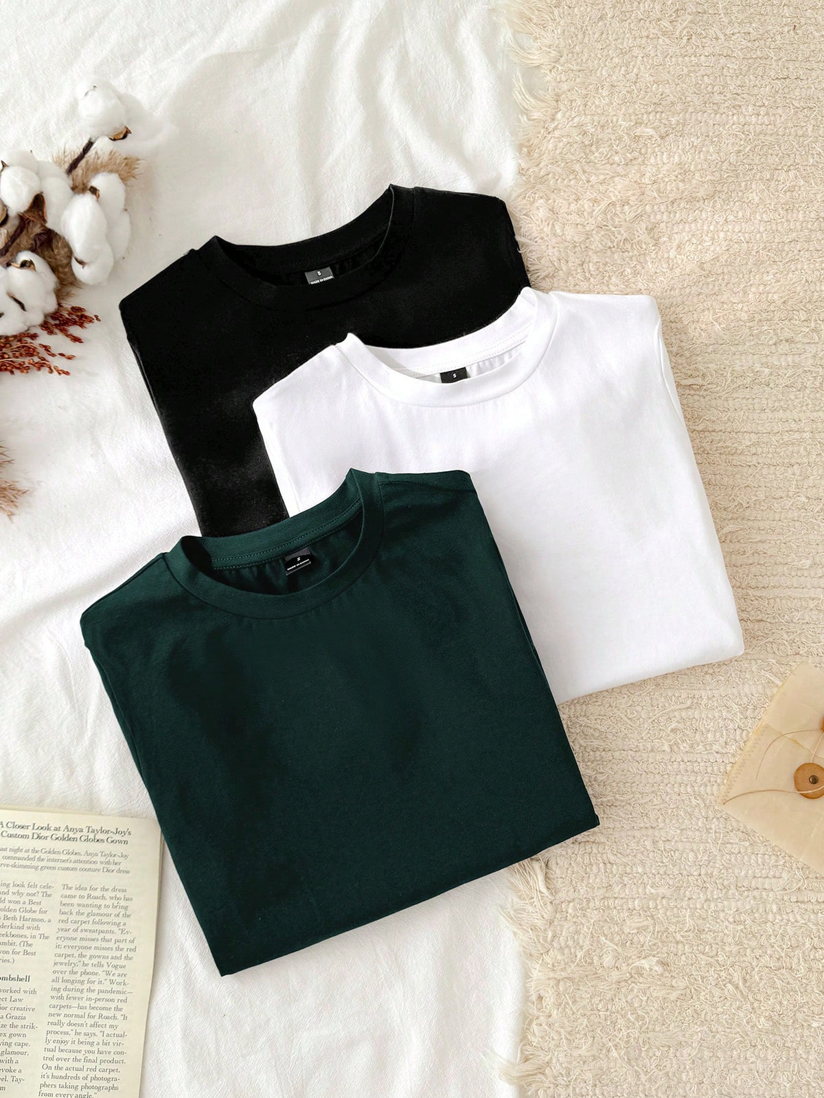 Tseoso 3pcs Set Women Casual Minimalist 95% Cotton Round Neck Fitted Long Sleeve T-Shirt