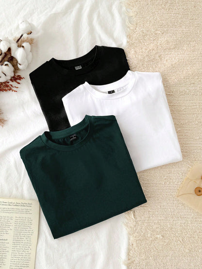 Tseoso 3pcs Set Women Casual Minimalist 95% Cotton Round Neck Fitted Long Sleeve T-Shirt