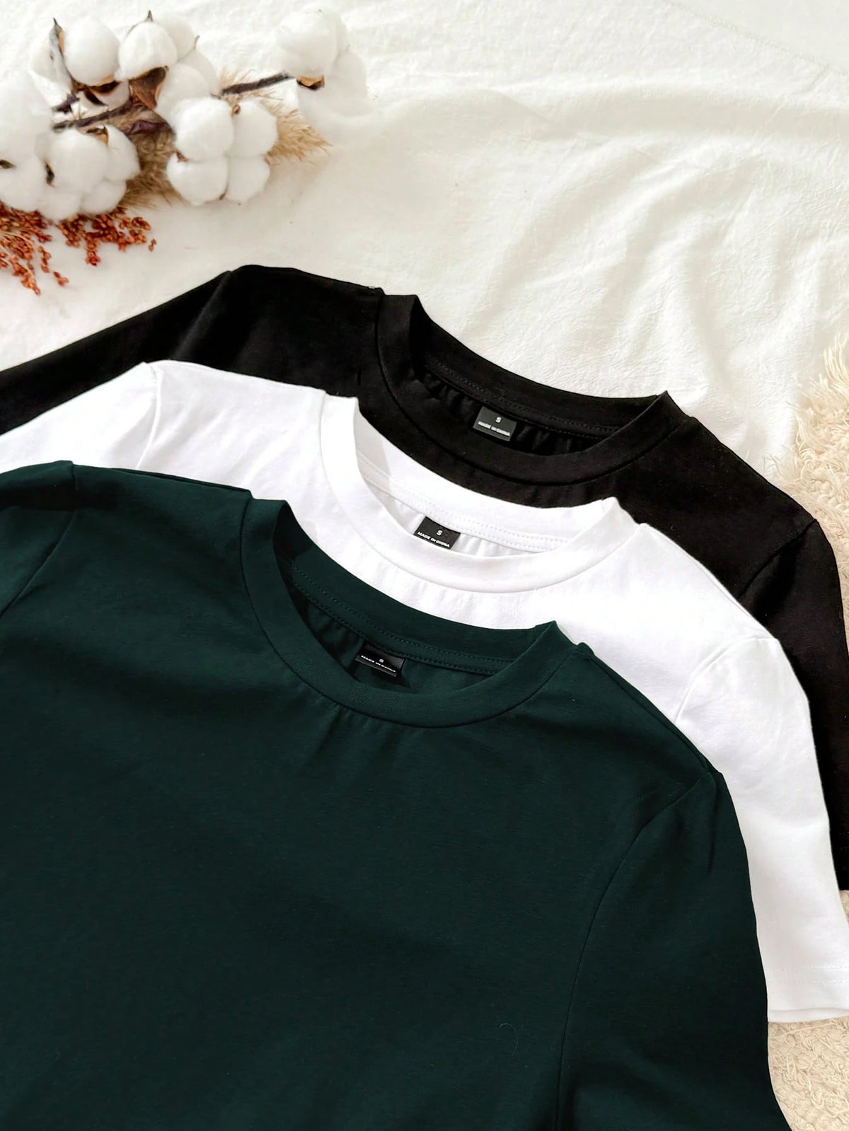 Tseoso 3pcs Set Women Casual Minimalist 95% Cotton Round Neck Fitted Long Sleeve T-Shirt