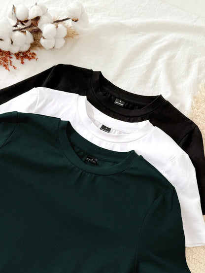 Tseoso 3pcs Set Women Casual Minimalist 95% Cotton Round Neck Fitted Long Sleeve T-Shirt
