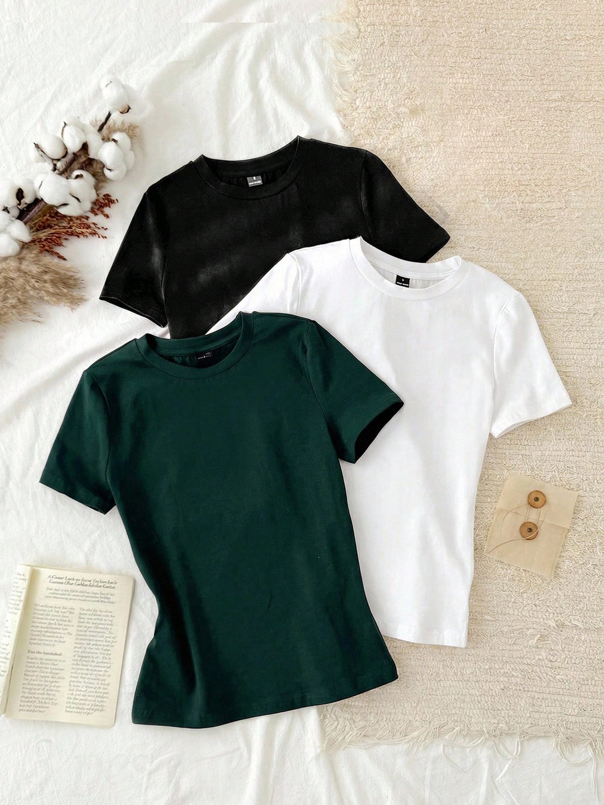 Tseoso 3pcs Set Women Casual Minimalist 95% Cotton Round Neck Fitted Long Sleeve T-Shirt