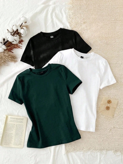 Tseoso 3pcs Set Women Casual Minimalist 95% Cotton Round Neck Fitted Long Sleeve T-Shirt