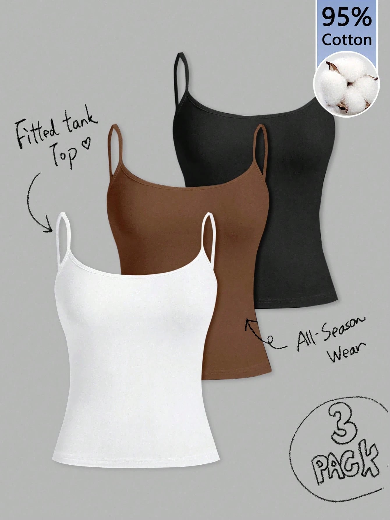 Tseoso 3pcs/Set Women's Slim-Fit Camisole Tops,95% Cotton White And Brown Basic Cami Tops,Casual Summer Fitted Tank Tops,Cute Everyday Versatile Softgirl