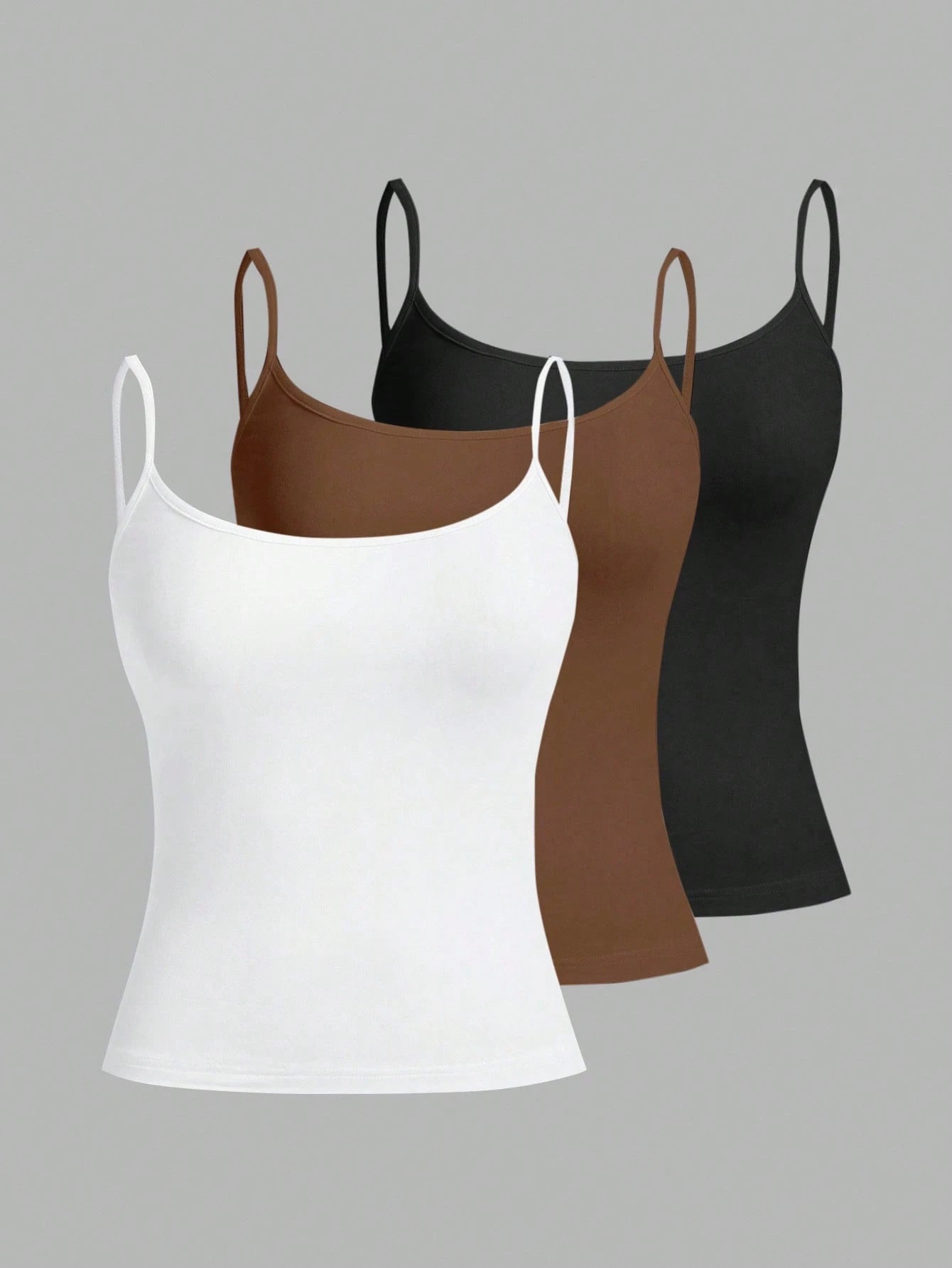 Tseoso 3pcs/Set Women's Slim-Fit Camisole Tops,95% Cotton White And Brown Basic Cami Tops,Casual Summer Fitted Tank Tops,Cute Everyday Versatile Softgirl