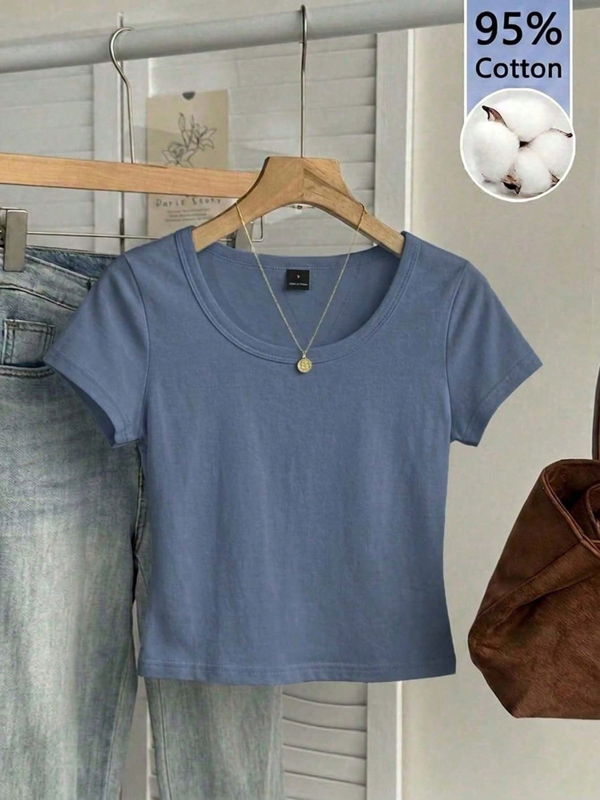 Tseoso 95% Cotton Foggy Blue Casual Minimalist Large Scoop Neck Cap Sleeve Fitted Women's T-Shirt
