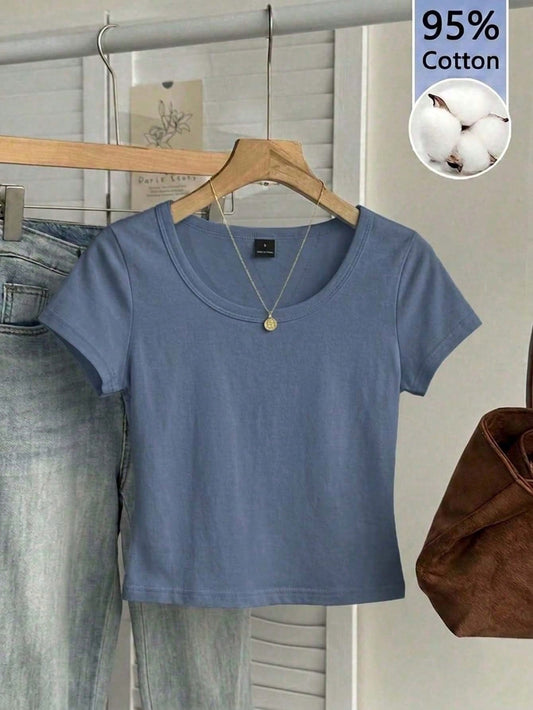 Tseoso 95% Cotton Foggy Blue Casual Minimalist Large Scoop Neck Cap Sleeve Fitted Women's T-Shirt