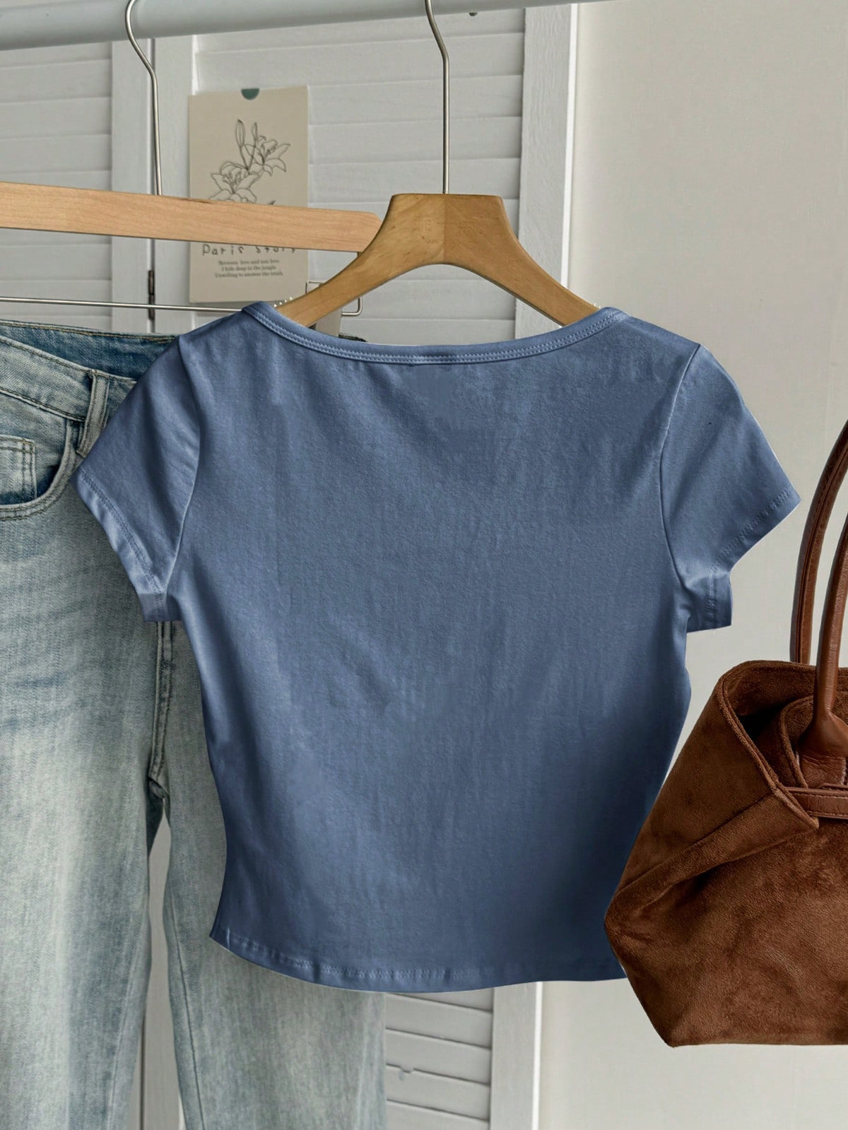 Tseoso 95% Cotton Foggy Blue Casual Minimalist Large Scoop Neck Cap Sleeve Fitted Women's T-Shirt