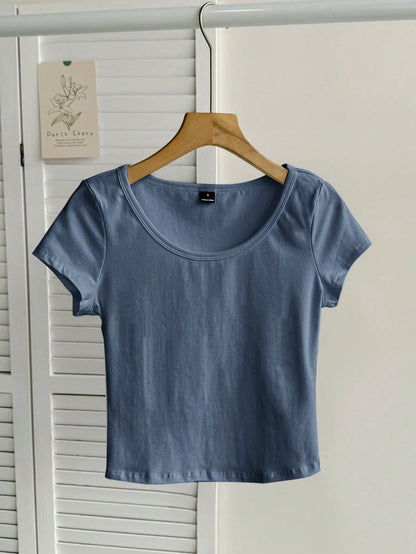 Tseoso 95% Cotton Foggy Blue Casual Minimalist Large Scoop Neck Cap Sleeve Fitted Women's T-Shirt