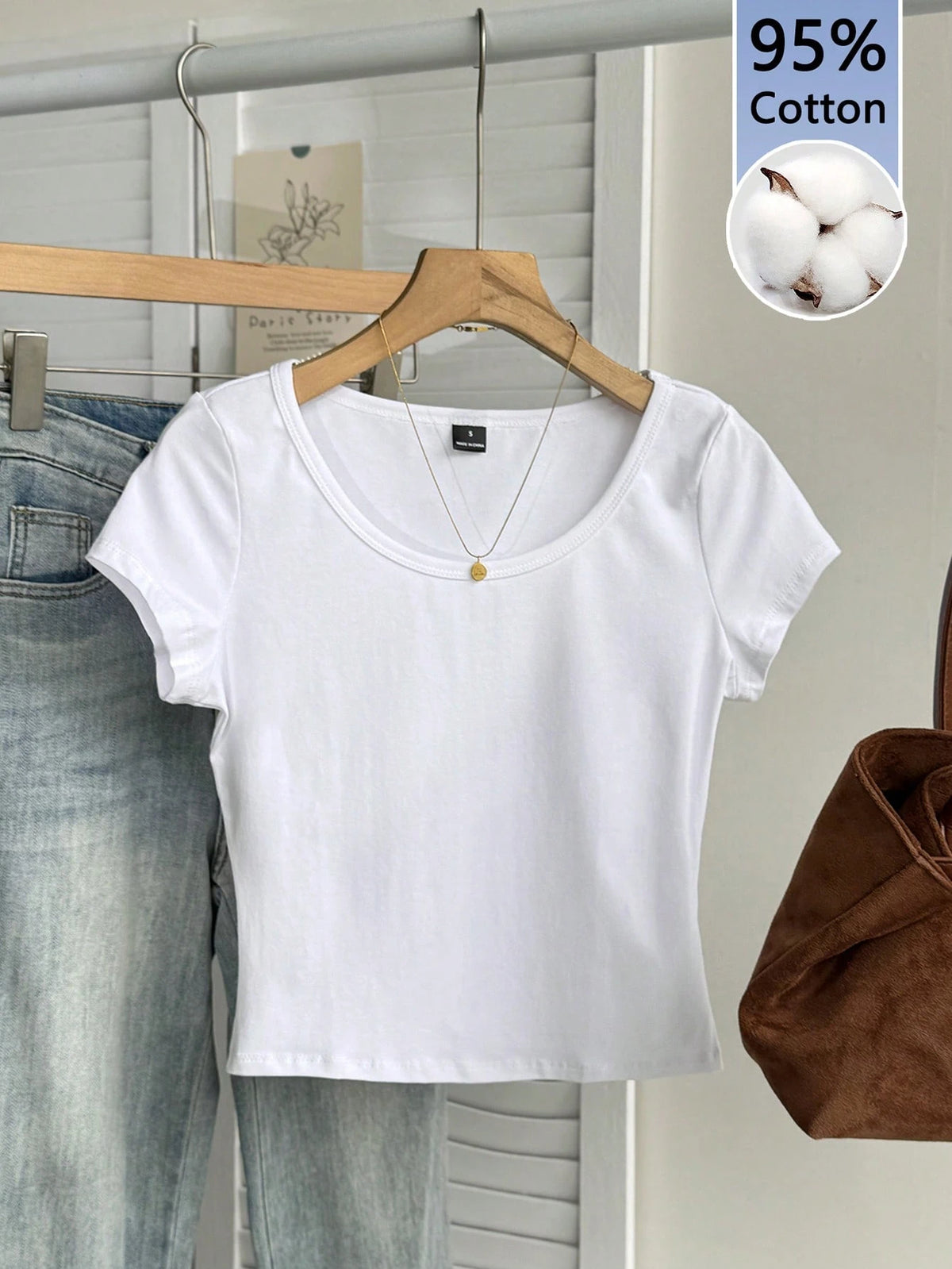 Tseoso 95% Cotton Foggy Blue Casual Minimalist Large Scoop Neck Cap Sleeve Fitted Women's T-Shirt