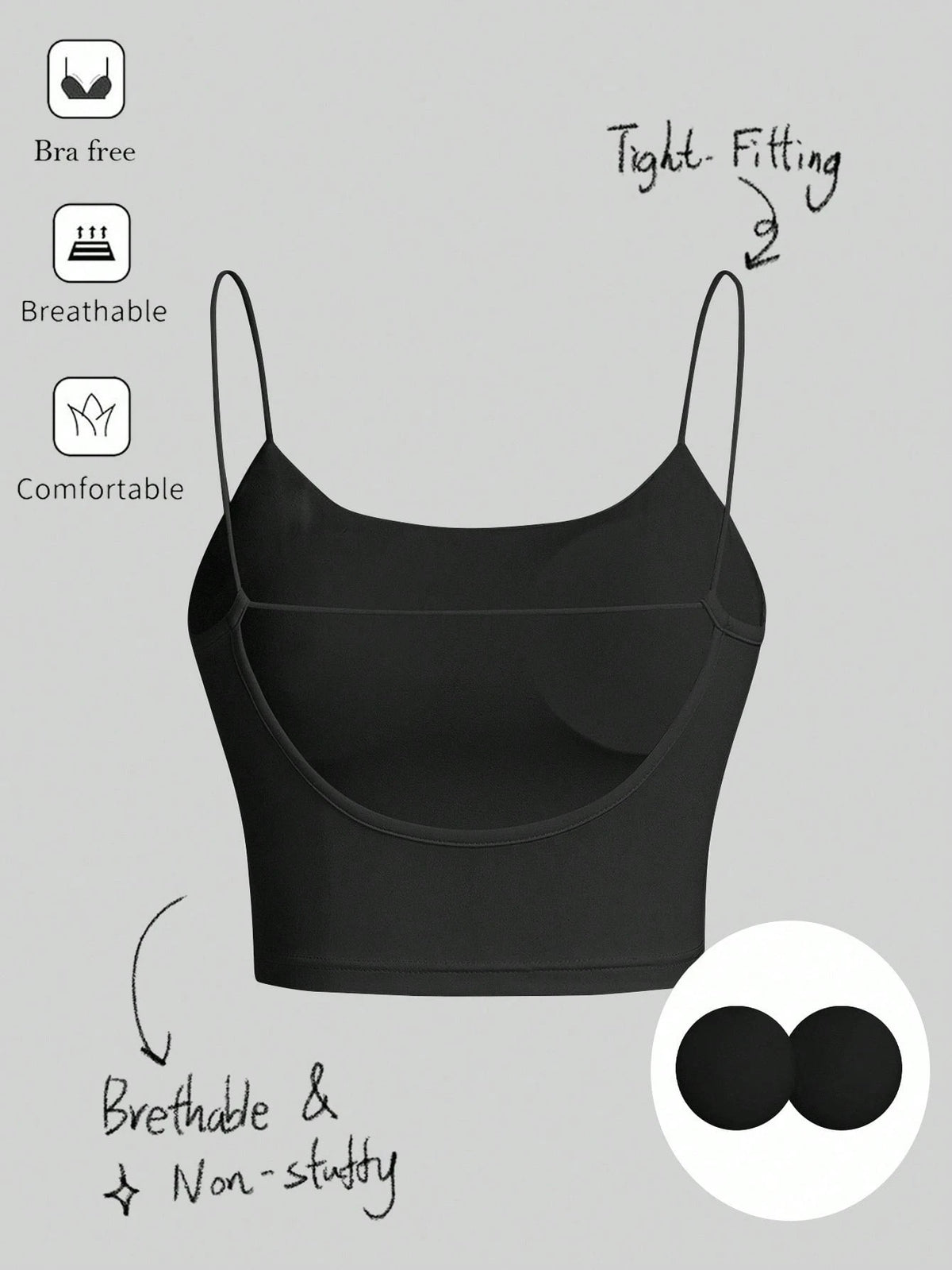 Tseoso Women's Black Summer Basic Modest Sexy Gym Casual Backless Crop Top,Tight Fitting Round Neck Padded Built-In Bra,Solid Color Pleated Cami Night