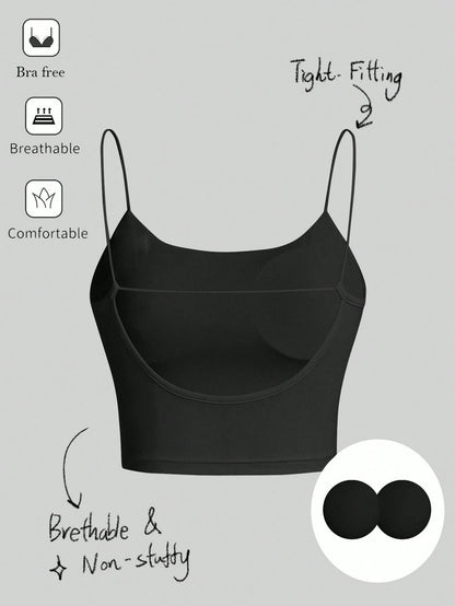 Tseoso Women's Black Summer Basic Modest Sexy Gym Casual Backless Crop Top,Tight Fitting Round Neck Padded Built-In Bra,Solid Color Pleated Cami Night