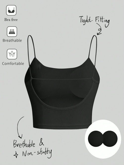 Tseoso Women's Black Summer Basic Modest Sexy Gym Casual Backless Crop Top,Tight Fitting Round Neck Padded Built-In Bra,Solid Color Pleated Cami Night