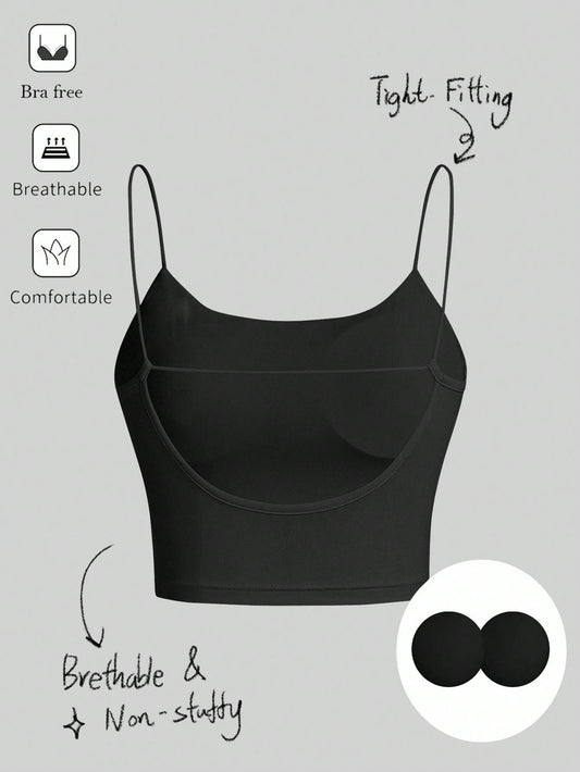 Tseoso Women's Black Summer Basic Modest Sexy Gym Casual Backless Crop Top,Tight Fitting Round Neck Padded Built-In Bra,Solid Color Pleated Cami Night
