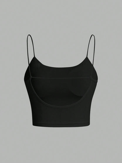 Tseoso Women's Black Summer Basic Modest Sexy Gym Casual Backless Crop Top,Tight Fitting Round Neck Padded Built-In Bra,Solid Color Pleated Cami Night