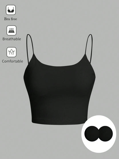 Tseoso Women's Black Summer Basic Modest Sexy Gym Casual Backless Crop Top,Tight Fitting Round Neck Padded Built-In Bra,Solid Color Pleated Cami Night