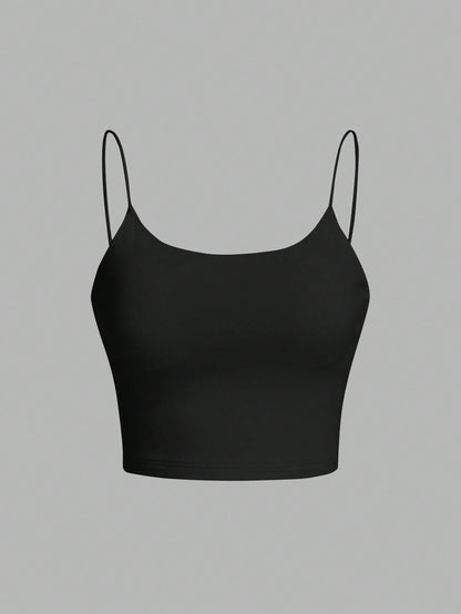 Tseoso Women's Black Summer Basic Modest Sexy Gym Casual Backless Crop Top,Tight Fitting Round Neck Padded Built-In Bra,Solid Color Pleated Cami Night