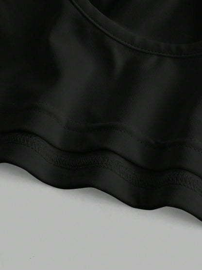 Tseoso Women's Black Summer Basic Modest Sexy Gym Casual Backless Crop Top,Tight Fitting Round Neck Padded Built-In Bra,Solid Color Pleated Cami Night