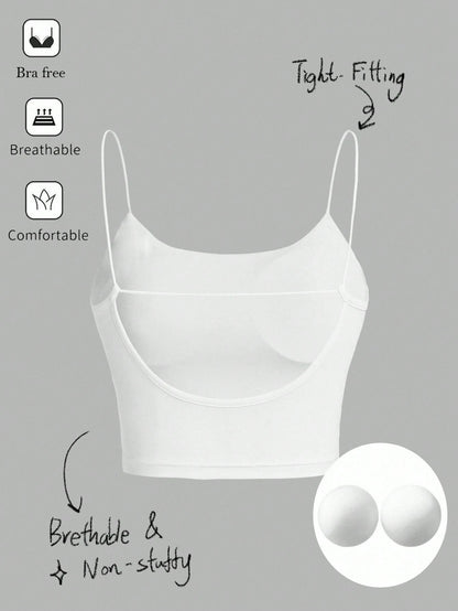 Tseoso Women's Black Summer Basic Modest Sexy Gym Casual Backless Crop Top,Tight Fitting Round Neck Padded Built-In Bra,Solid Color Pleated Cami Night