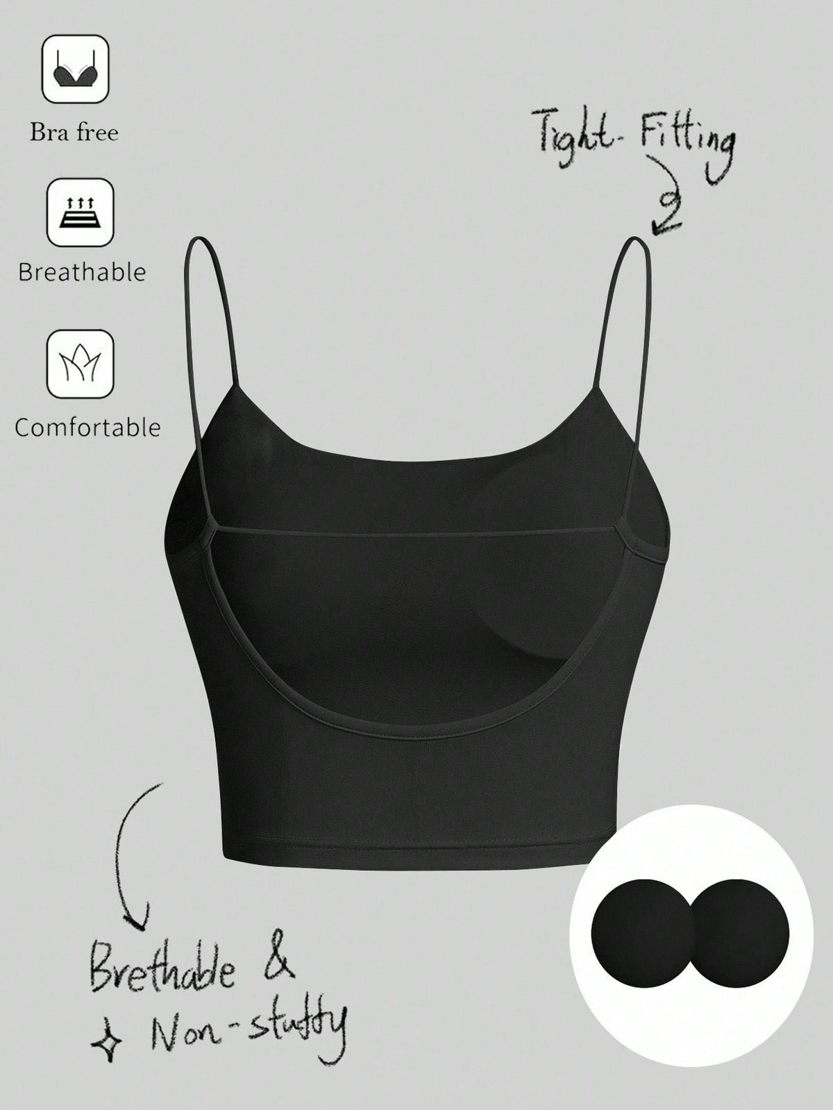 Tseoso Women's Black Summer Basic Modest Sexy Gym Casual Backless Crop Top,Tight Fitting Round Neck Padded Built-In Bra,Solid Color Pleated Cami Night