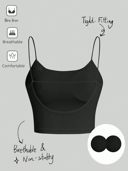 Tseoso Women's Black Summer Basic Modest Sexy Gym Casual Backless Crop Top,Tight Fitting Round Neck Padded Built-In Bra,Solid Color Pleated Cami Night