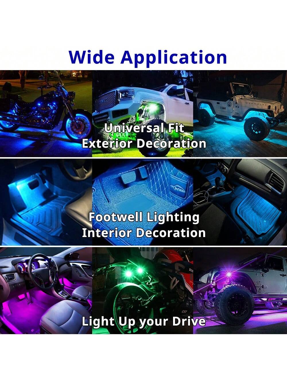 Tutu Car Led Light LED Motorcycle Lighting Kit RGB Remote Control Dynamic Strobe Lights Wireless 8 Colors Rechargeable Footwell Ambient Custom Exterior Interior Decorative Accessories Underglow Kit Si