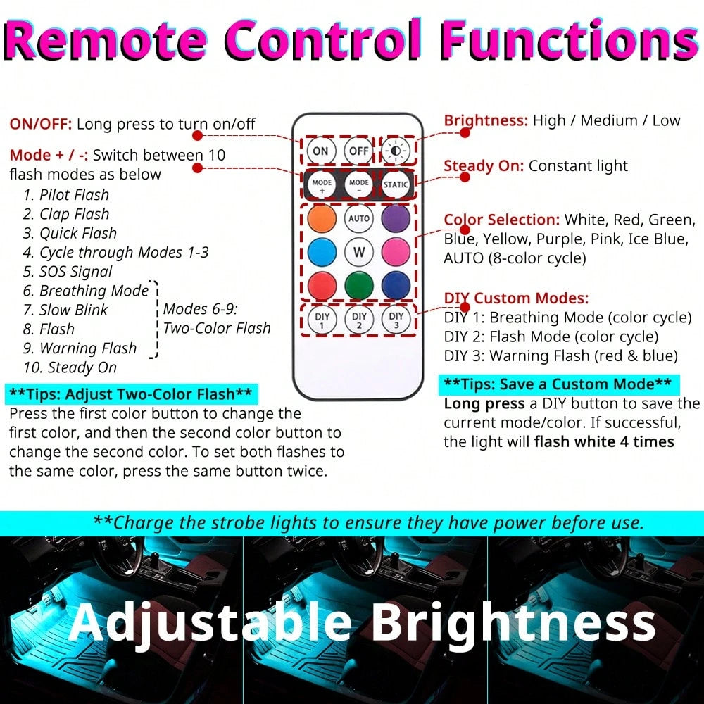 Tutu Car Led Light RGB LED Portable Party Light,Remote Control Wireless 8 Colors Strobe Lighting,Rechargeable Footwell Lights,Under Glow Kits Car Mods, Exterior Interior Decorative Accessories, Flash
