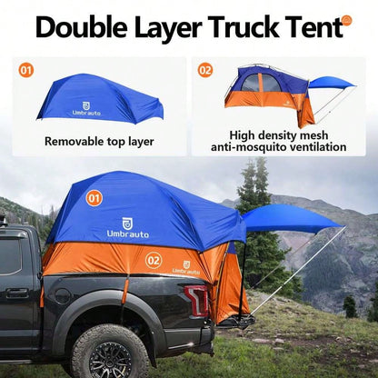 Umbrauto 150D Oxford Truck Bed Tent With Awning: 6.4-6.7FT PU3000mm Waterproof Tailgate Pickup Truck Tents, Easy Set-Up For 2 Person, Fits Full Size Short Bed, Chevy, Dodge, Fo-Rd, GMC
