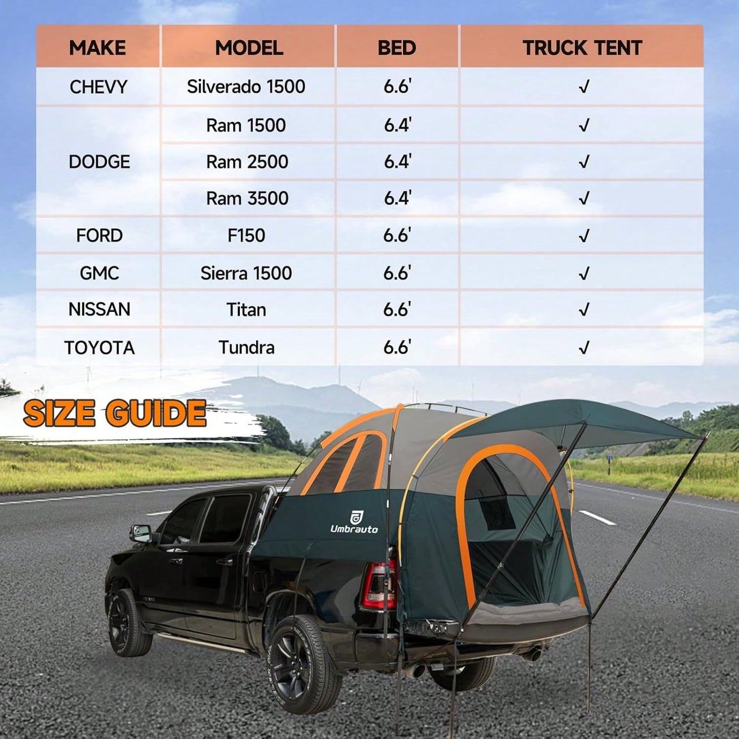 Umbrauto 150D Oxford Truck Bed Tent With Awning: 6.4-6.7FT PU3000mm Waterproof Tailgate Pickup Truck Tents, Easy Set-Up For 2 Person, Fits Full Size Short Bed, Chevy, Dodge, Fo-Rd, GMC