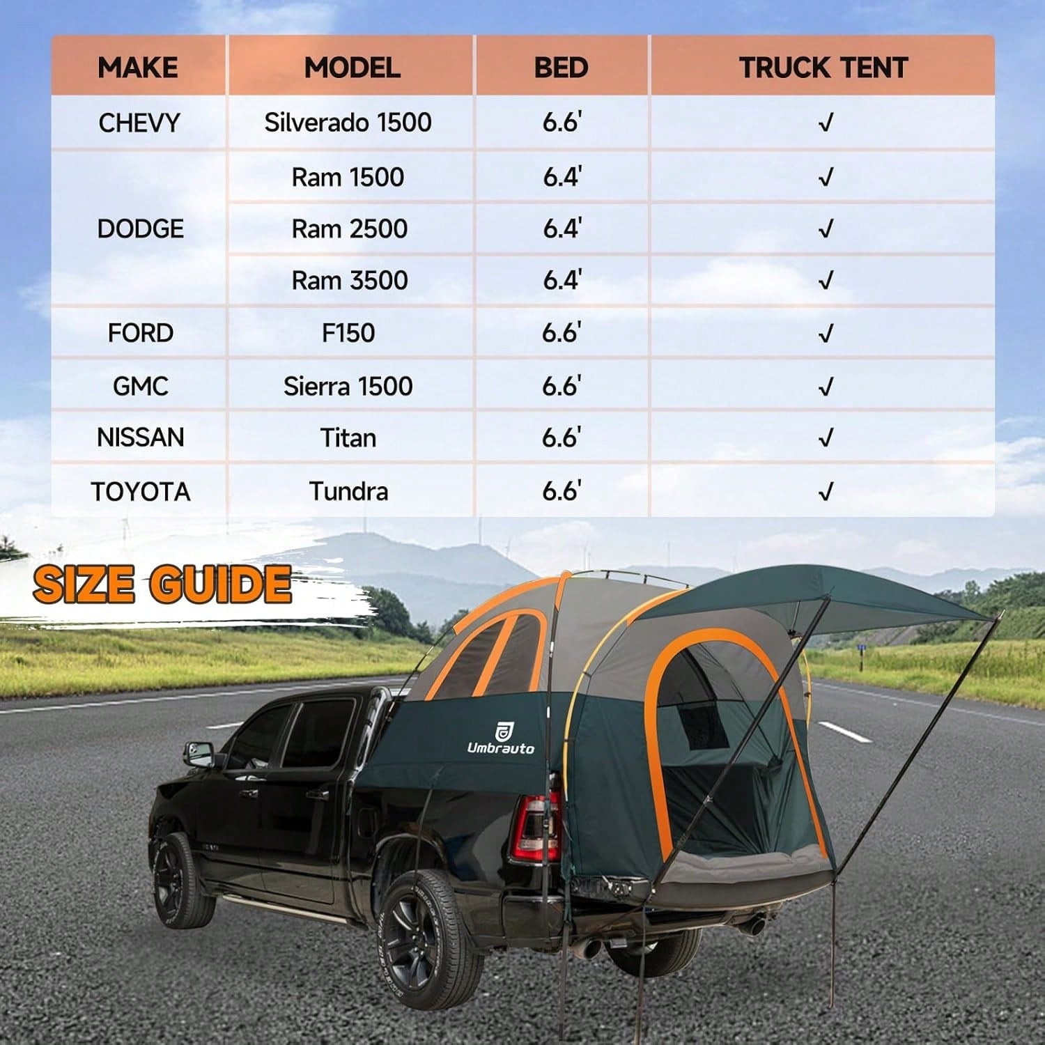 Umbrauto 150D Oxford Truck Bed Tent With Awning: 6.4-6.7FT PU3000mm Waterproof Tailgate Pickup Truck Tents, Easy Set-Up For 2 Person, Fits Full Size Short Bed, Chevy, Dodge, Fo-Rd, GMC