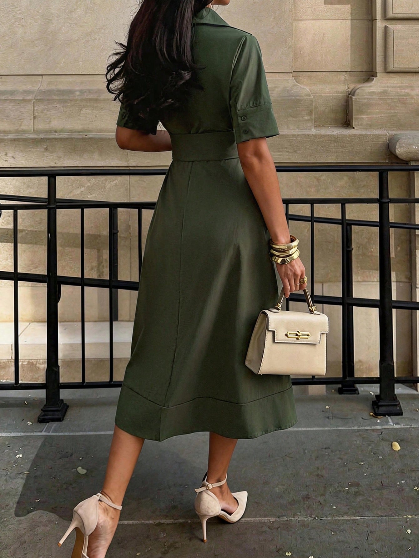 Unadoll Women's Autumn Olive Green Shirt Midi Dress, Short Sleeve Pocket Self-Tie Waist A-Line Skirt Elegant