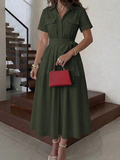 Unadoll Women's Autumn Olive Green Shirt Midi Dress, Short Sleeve Pocket Self-Tie Waist A-Line Skirt Elegant