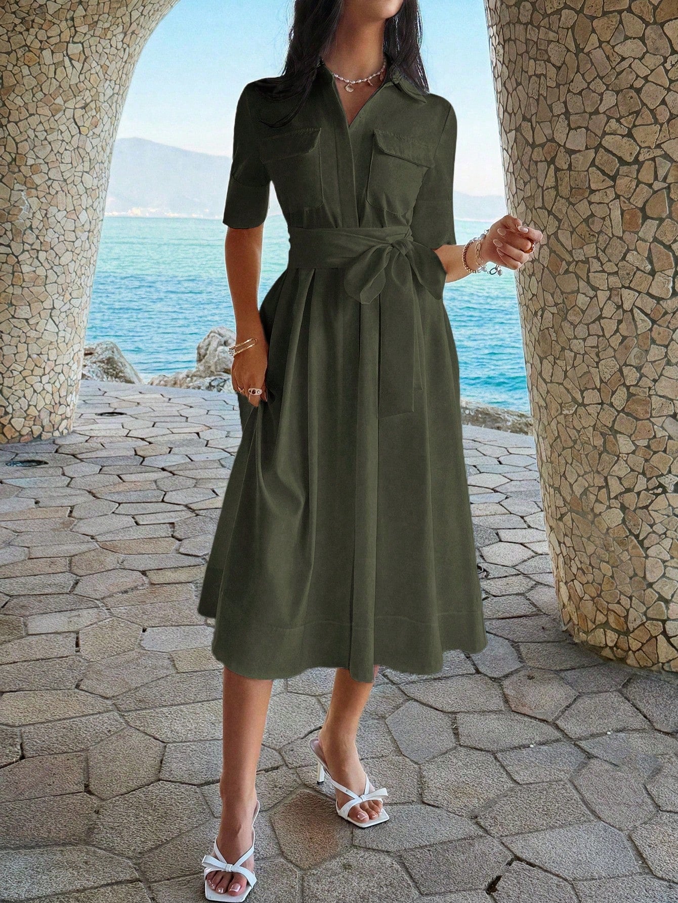 Unadoll Women's Autumn Olive Green Shirt Midi Dress, Short Sleeve Pocket Self-Tie Waist A-Line Skirt Elegant