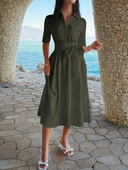 Unadoll Women's Autumn Olive Green Shirt Midi Dress, Short Sleeve Pocket Self-Tie Waist A-Line Skirt Elegant